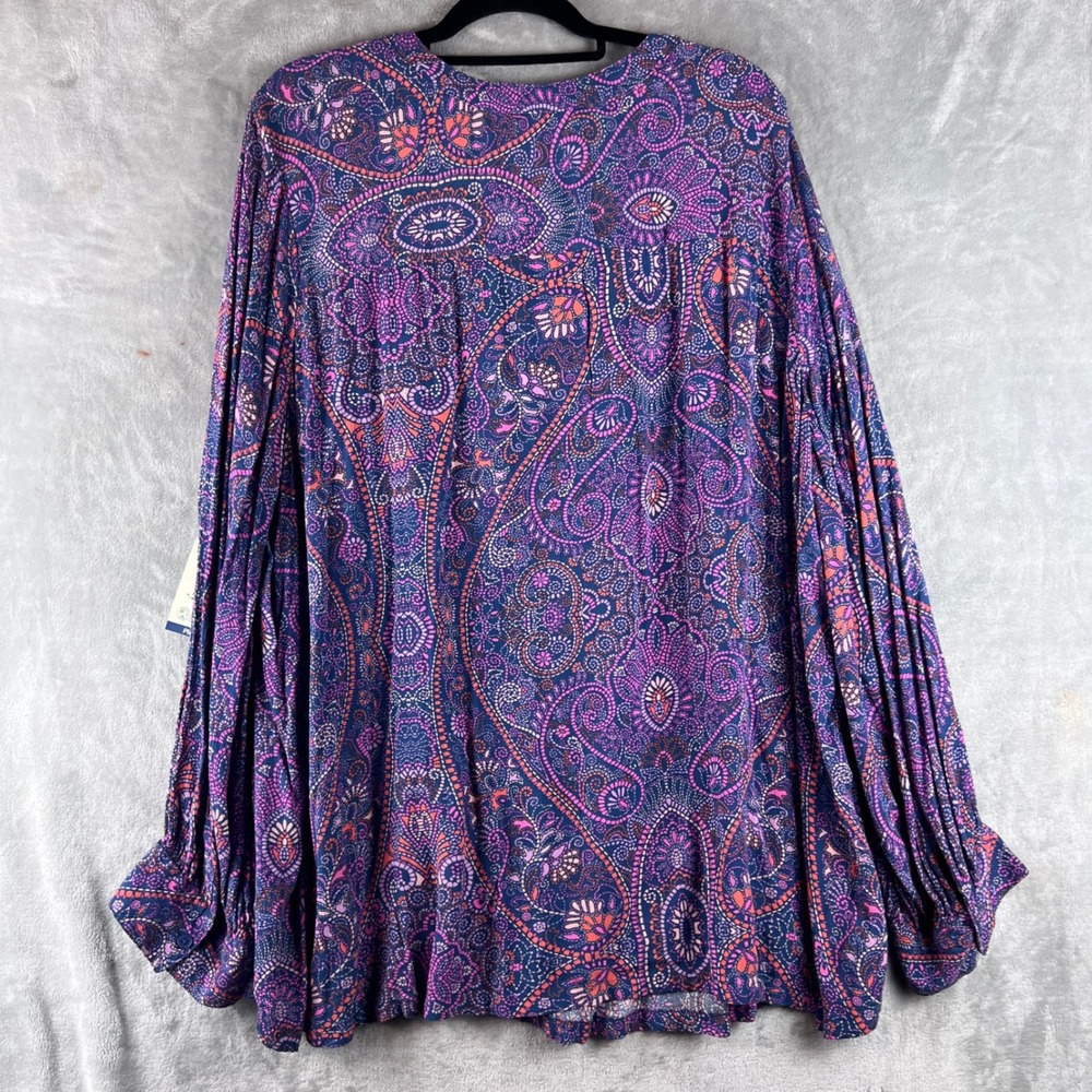 Terra & Sky Blouse Plus Size 3X Purple Paisley Hidden Button V-Neck Long Sleeve - Picture 7 of 10